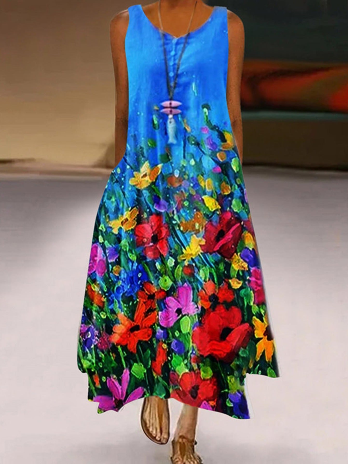 Women's Sleeveless A-Line Round Neck Bohemian Maxi Dress CD181