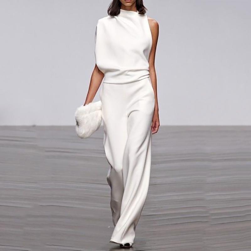 One-shoulder Sleeve Slacks Solid Color Jumpsuit CD635
