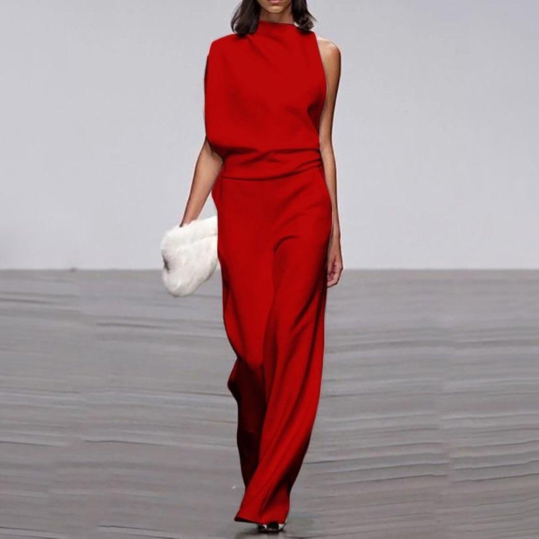 One-shoulder Sleeve Slacks Solid Color Jumpsuit CD635