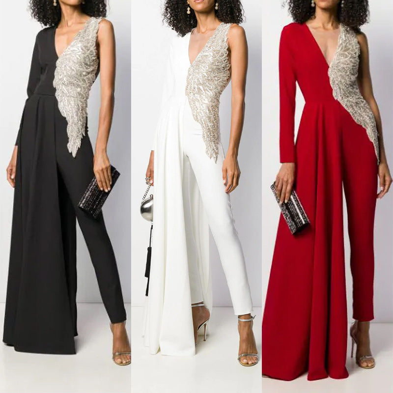 Sexy Deep V Slim Color Matching Jumpsuit CD652