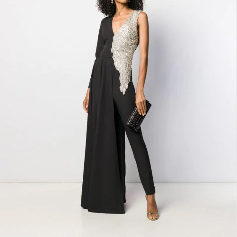 Sexy Deep V Slim Color Matching Jumpsuit CD652