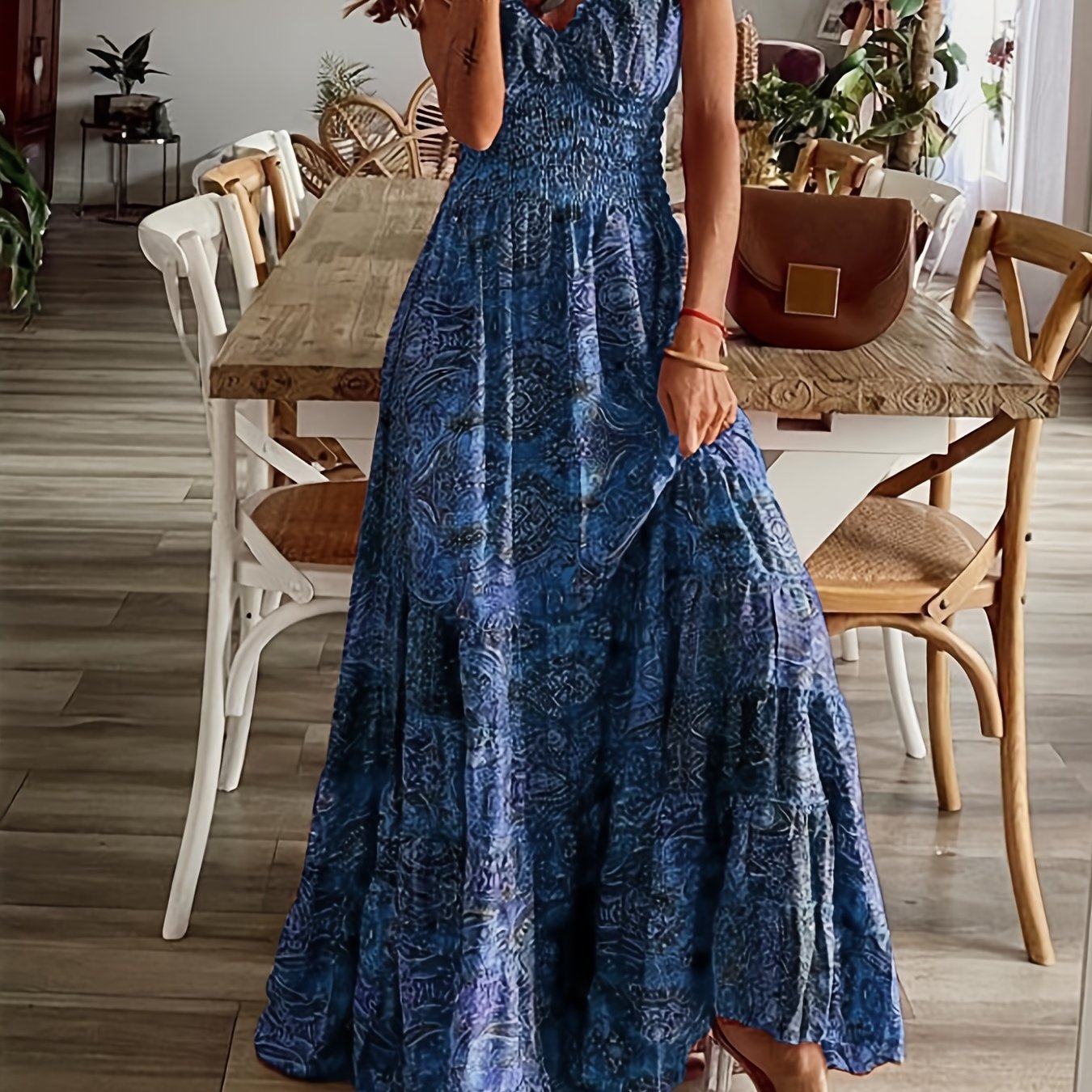 Floral Print Ruffle Neck Boho Large Swing Dress CD195