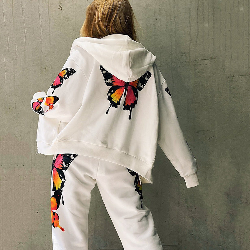 Butterfly Print Hooded Casual Sweatshirt Set For Women CD604