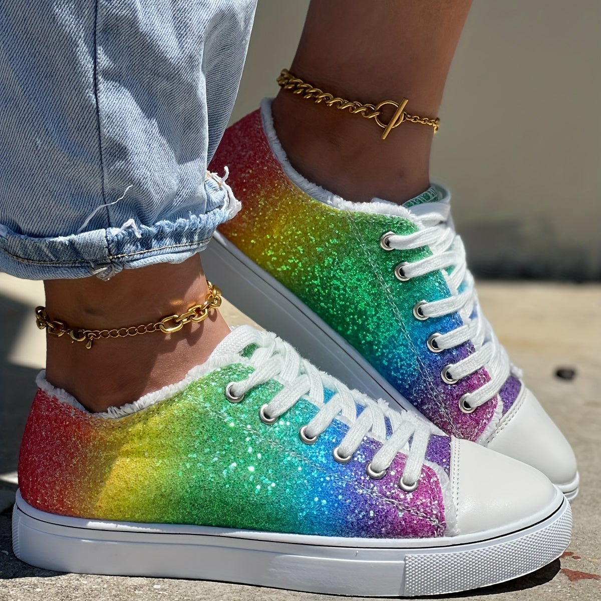 Women's Glitter Rainbow Print Canvas Lace Up Sneakers CD415