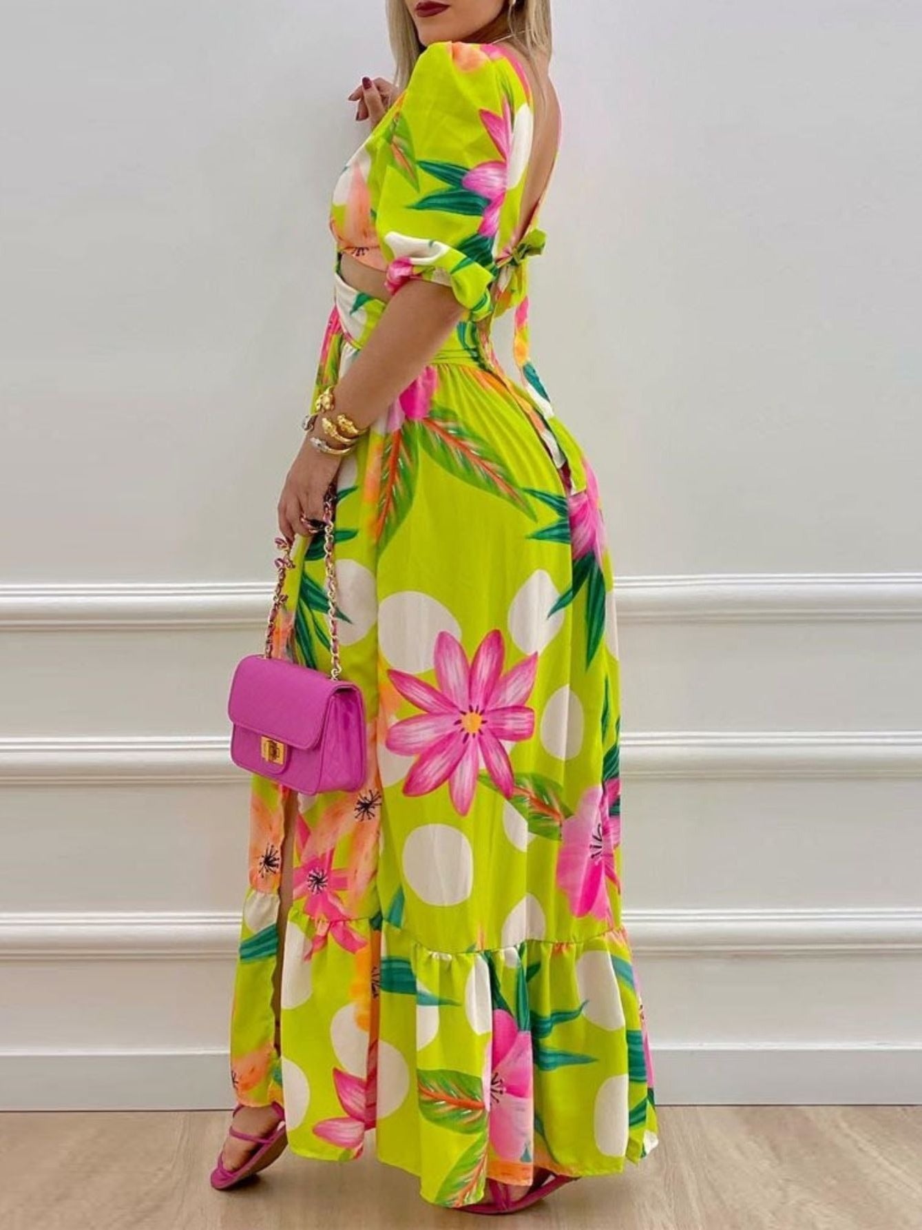 Women's V Neck Cutout Vintage Floral Print Long Dress CD202