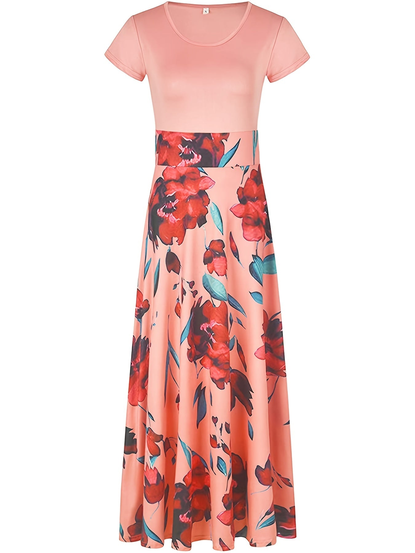 Printed Splicing Crew Neck Slim Waist Pleated Maxi Dress CD178