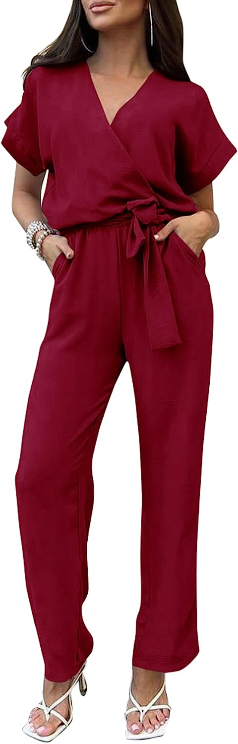 Women's Wrap V Neck Belted Wide Leg Pants Jumpsuit CD467