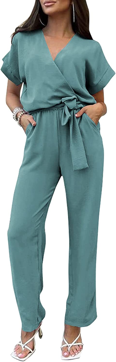 Women's Wrap V Neck Belted Wide Leg Pants Jumpsuit CD467