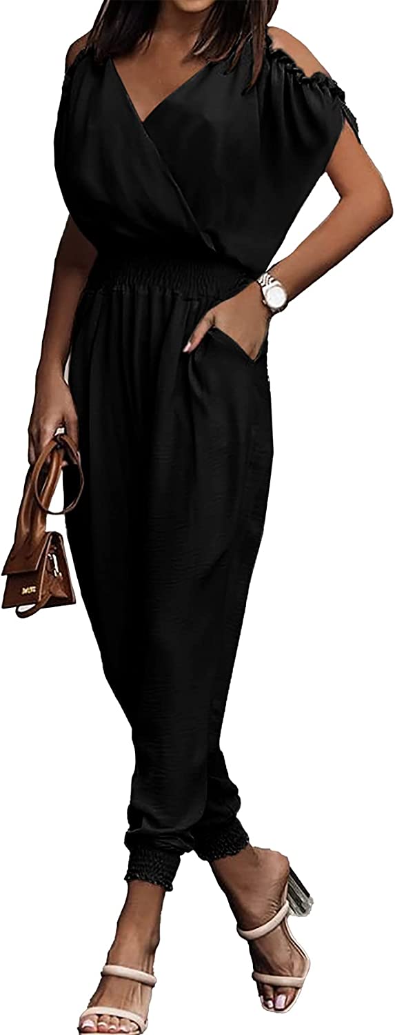 Wrap V Neck Cold Shoulder One Piece Jumpsuit CD476