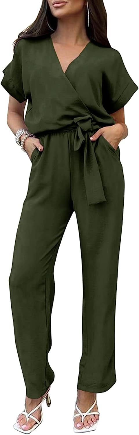Women's Wrap V Neck Belted Wide Leg Pants Jumpsuit CD467