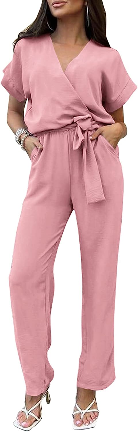Women's Wrap V Neck Belted Wide Leg Pants Jumpsuit CD467