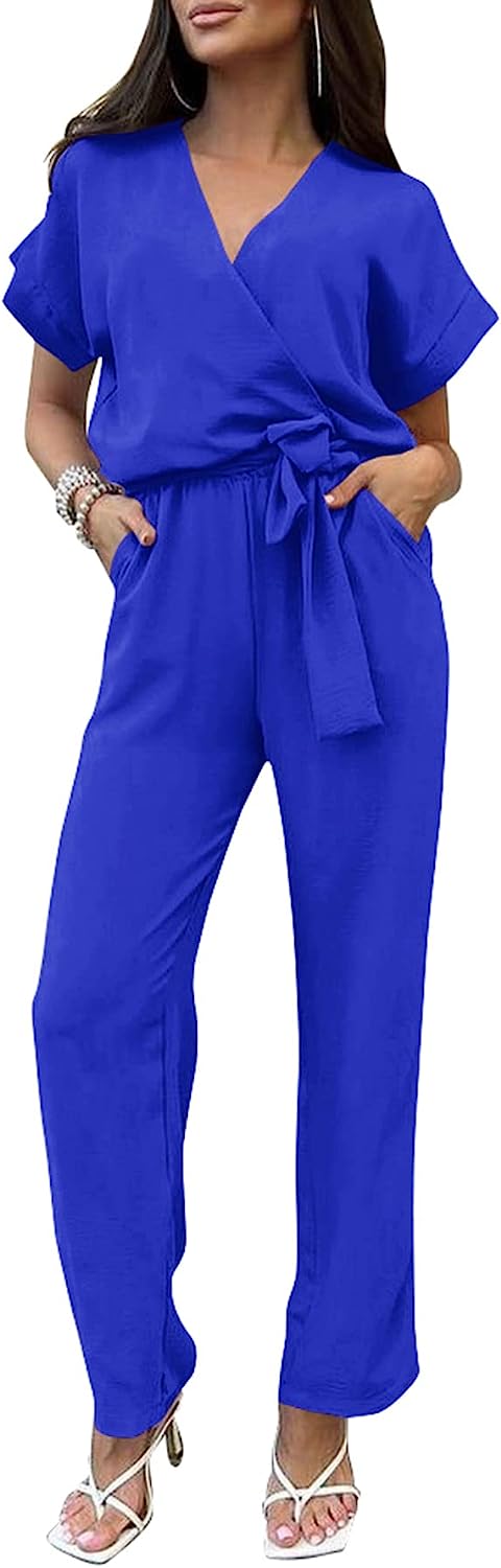 Women's Wrap V Neck Belted Wide Leg Pants Jumpsuit CD467