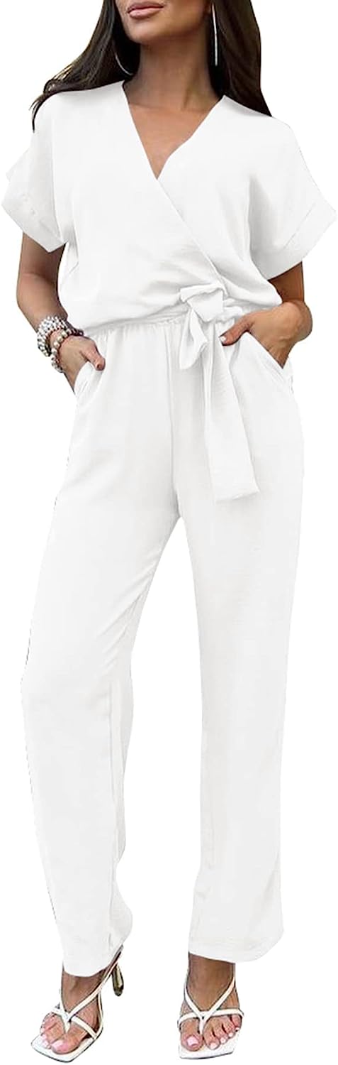 Women's Wrap V Neck Belted Wide Leg Pants Jumpsuit CD467