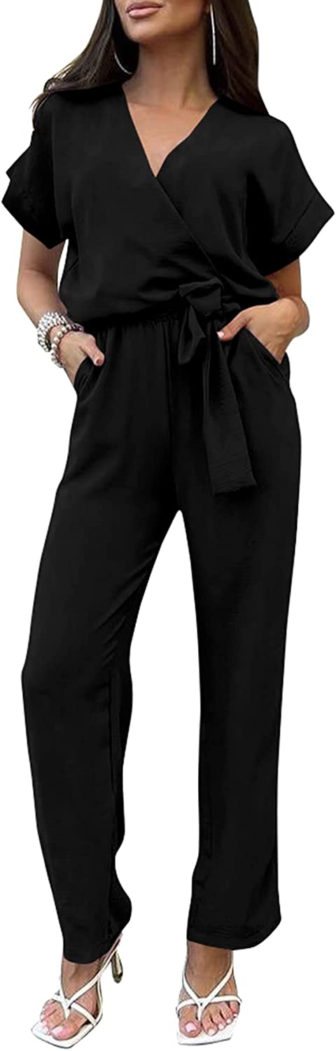 Women's Wrap V Neck Belted Wide Leg Pants Jumpsuit CD467