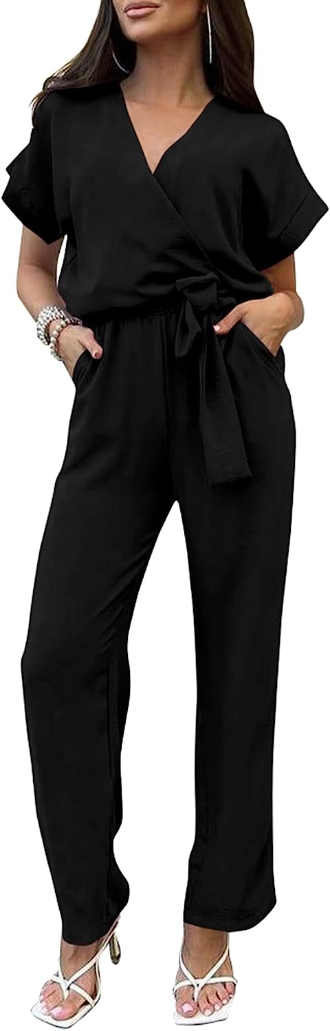 Women's Short Sleeve Belted Wide Leg Pants Jumpsuit CD468