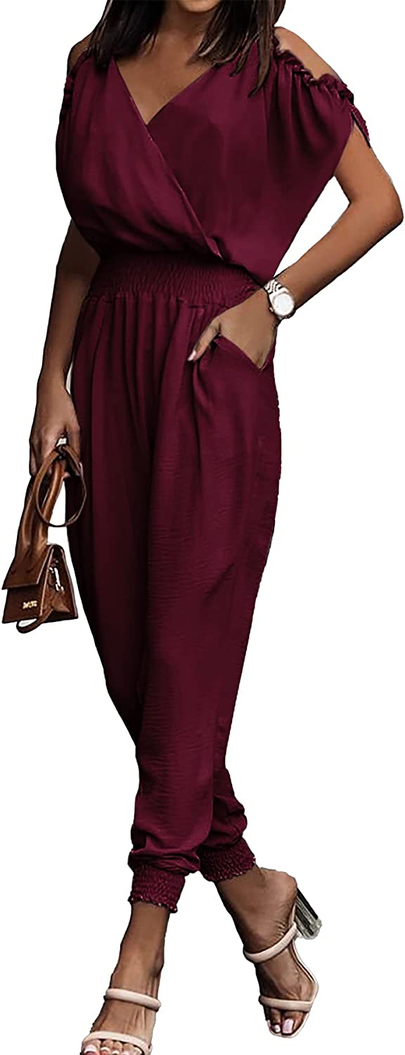 Wrap V Neck Cold Shoulder One Piece Jumpsuit CD476