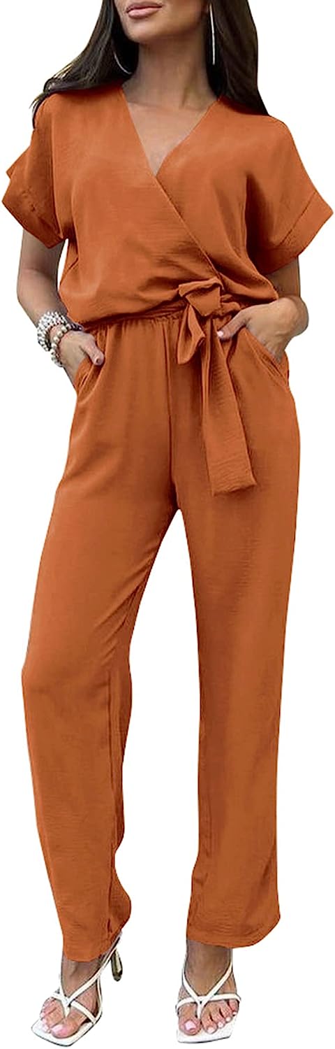 Women's Wrap V Neck Belted Wide Leg Pants Jumpsuit CD467
