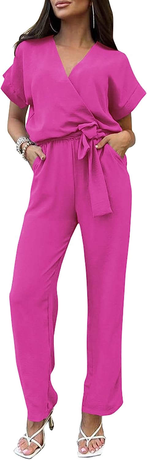 Women's Wrap V Neck Belted Wide Leg Pants Jumpsuit CD467