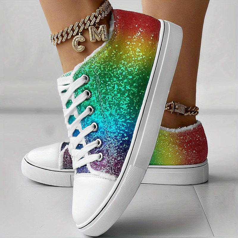 Women's Rhinestone Canvas Lace Up Low-top Sneakers CD413