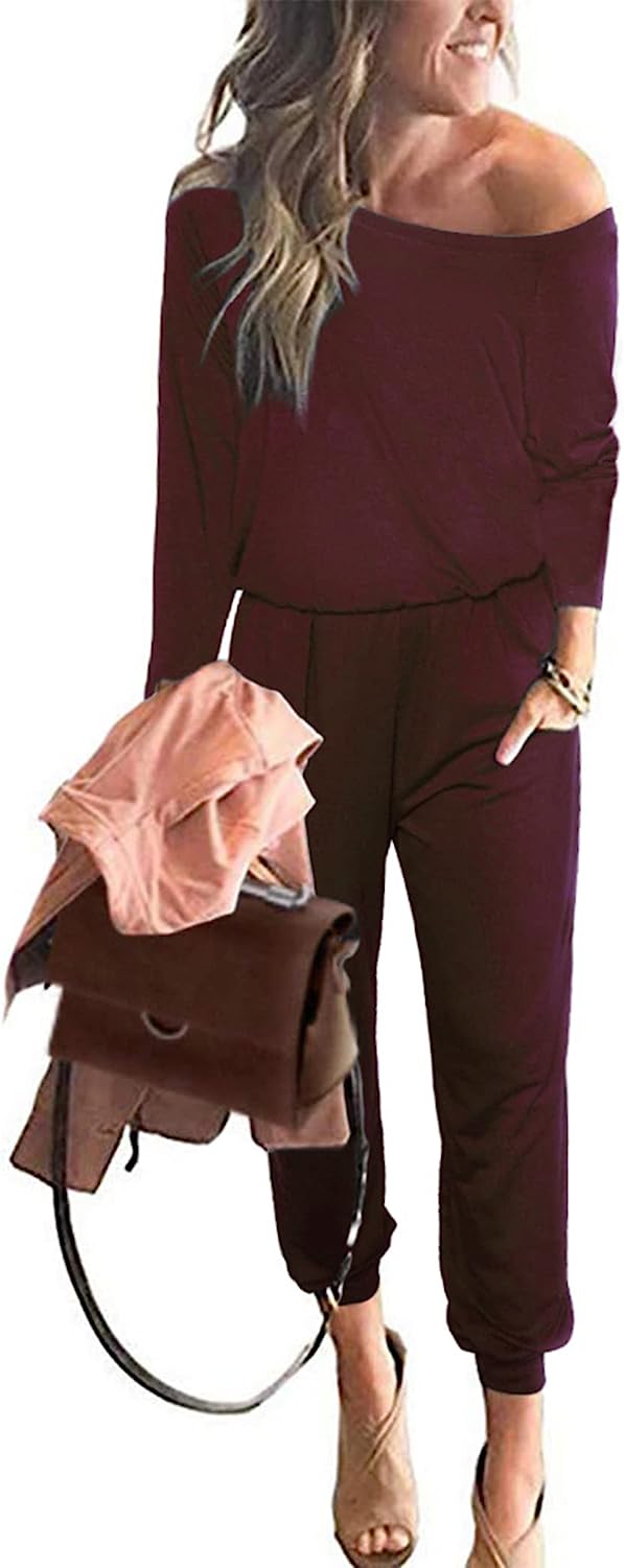 Women's Crewneck Off Shoulder Stretchy Jumpsuit CD462