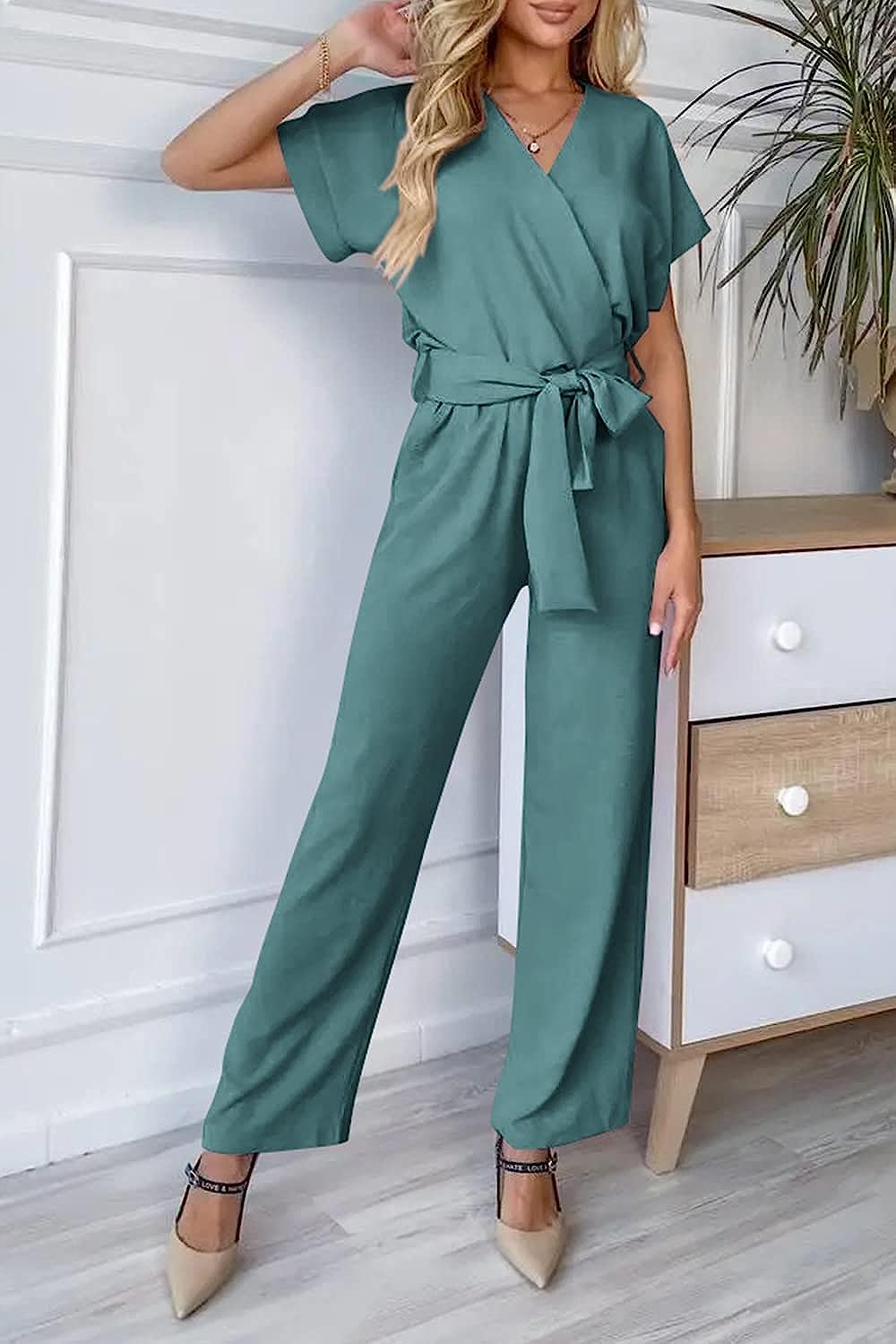 Women's Wrap V Neck Belted Wide Leg Pants Jumpsuit CD467