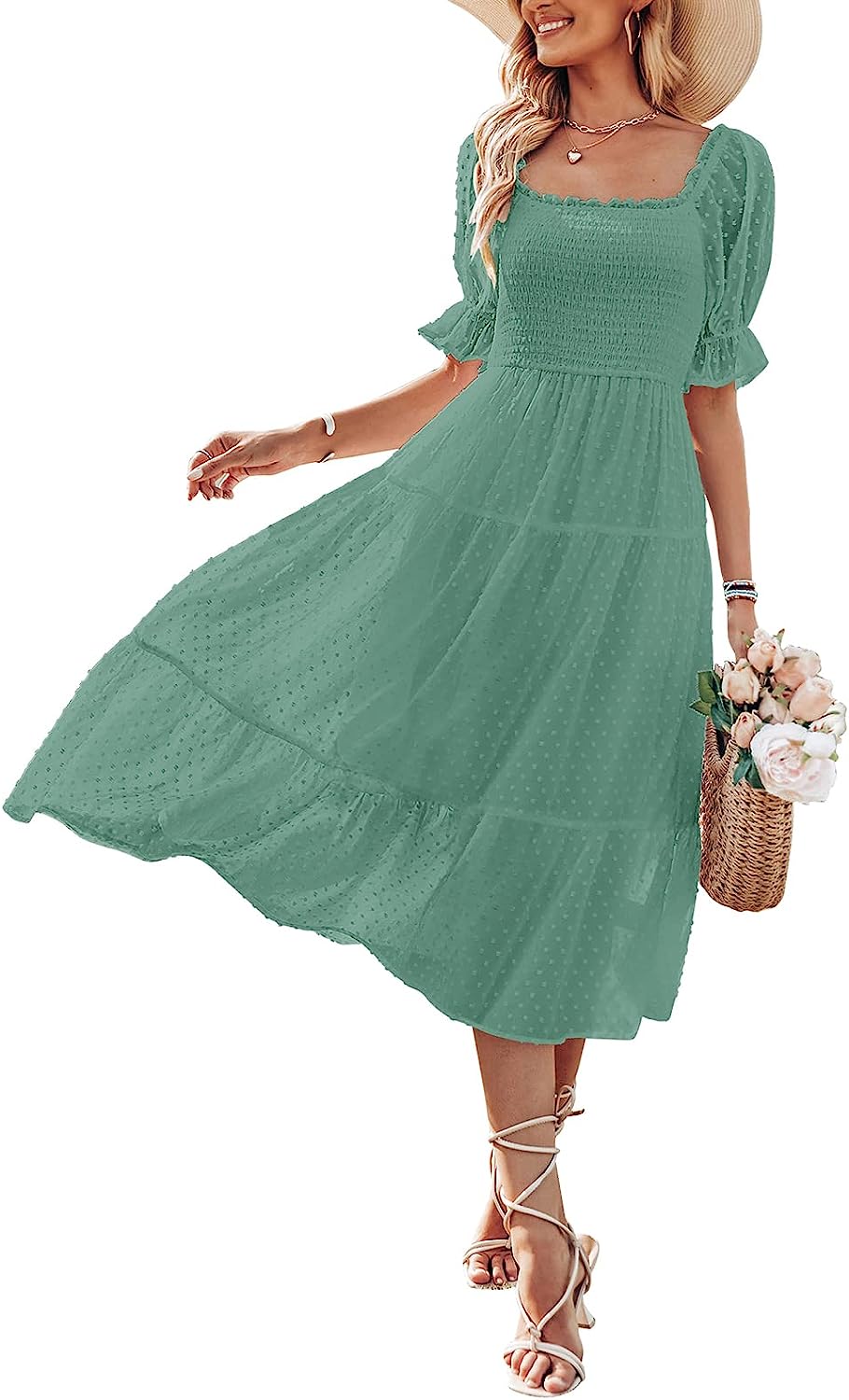 Women's Square Neck Puff Sleeve Boho Midi Dress CD436