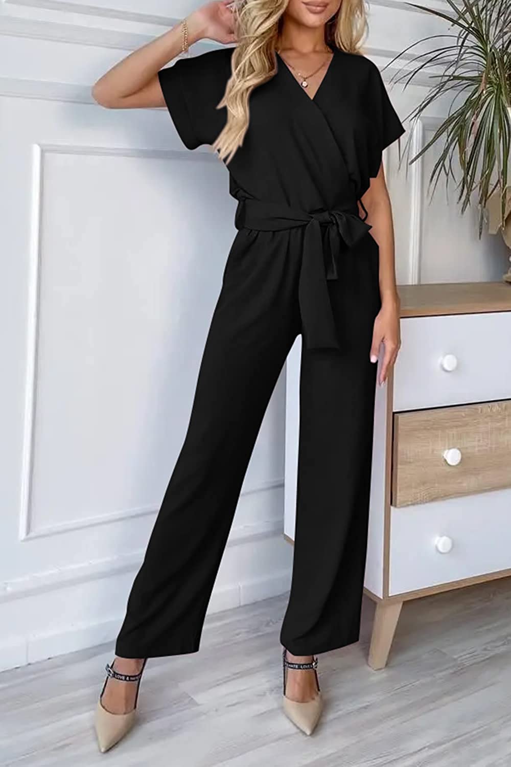 Women's Short Sleeve Belted Wide Leg Pants Jumpsuit CD468