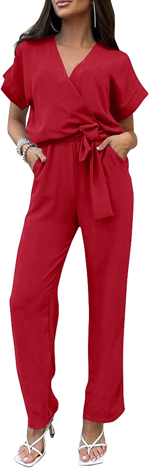 Women's Wrap V Neck Belted Wide Leg Pants Jumpsuit CD467