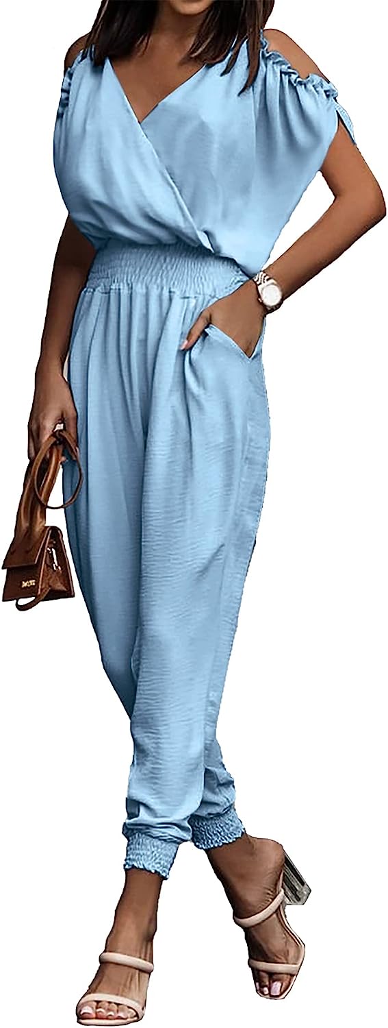 Wrap V Neck Cold Shoulder One Piece Jumpsuit CD476