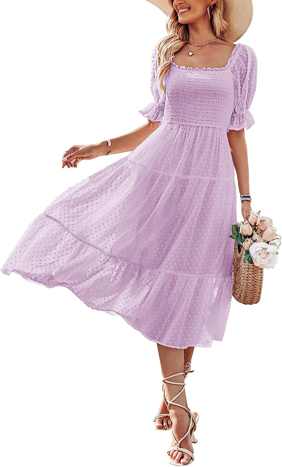 Women's Square Neck Puff Sleeve Boho Midi Dress CD436