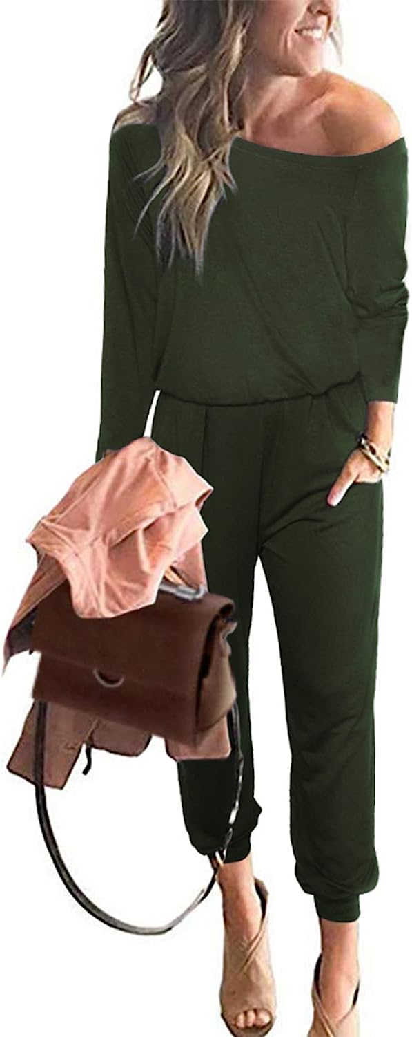 Women's Crewneck Off Shoulder Stretchy Jumpsuit CD462