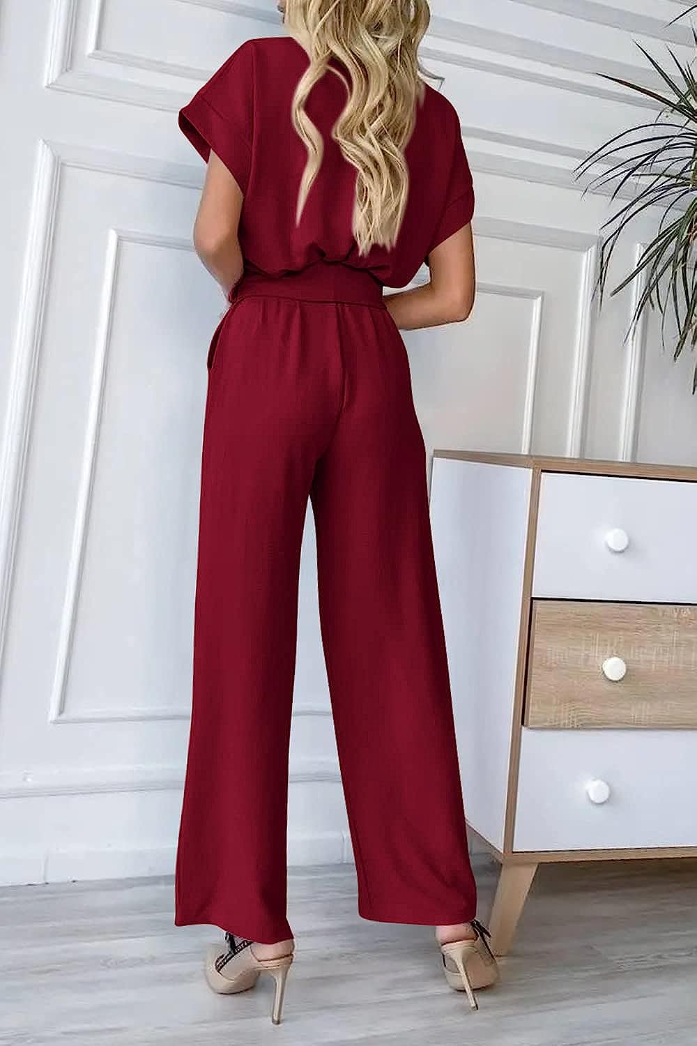 Women's Wrap V Neck Belted Wide Leg Pants Jumpsuit CD467