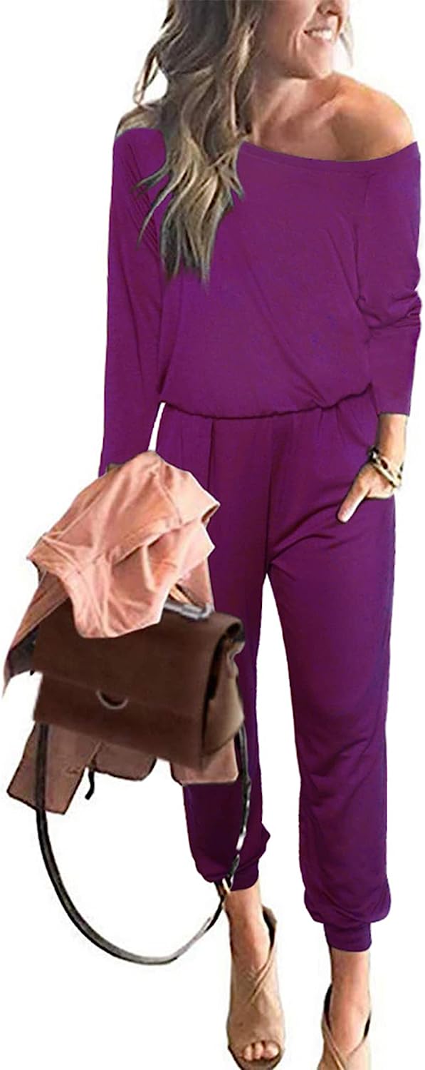 Women's Crewneck Off Shoulder Stretchy Jumpsuit CD462