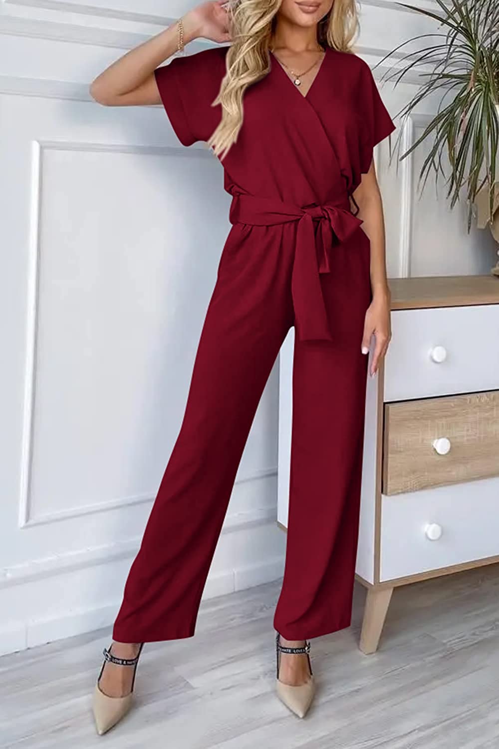 Women's Wrap V Neck Belted Wide Leg Pants Jumpsuit CD467