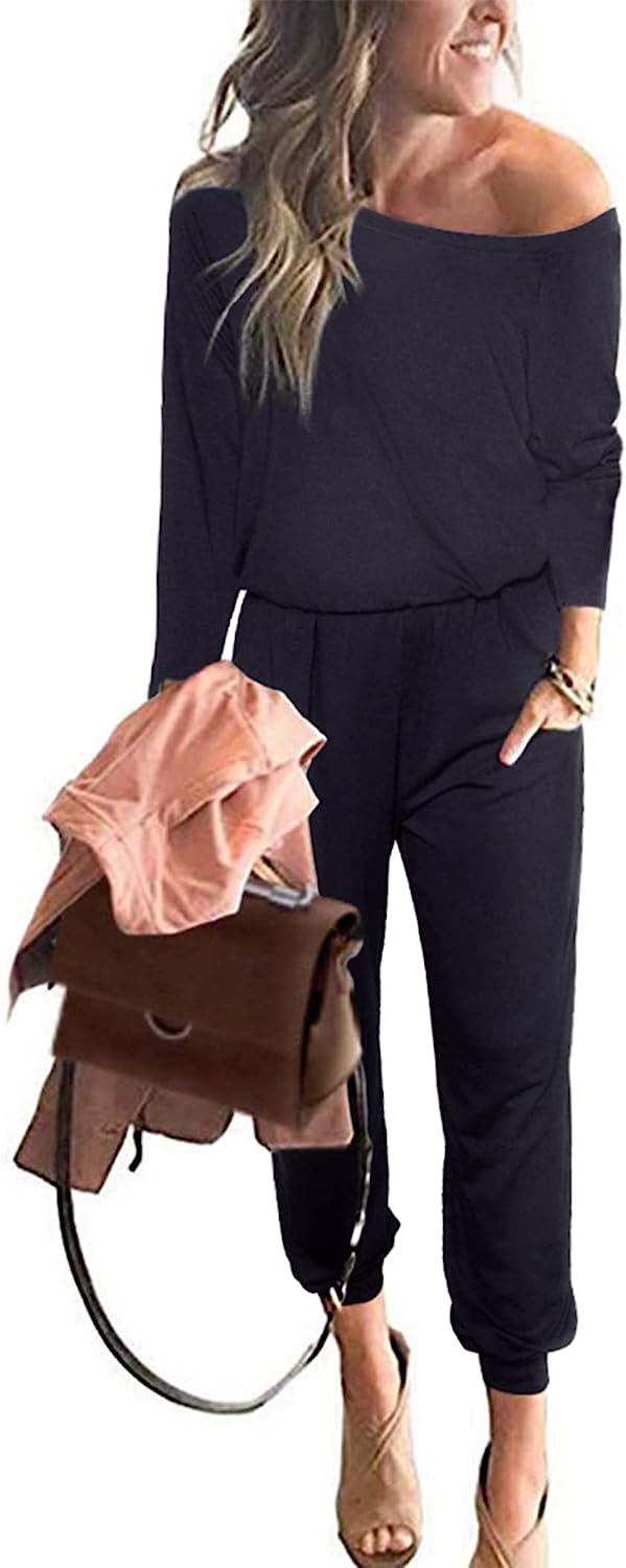 Women's Crewneck Off Shoulder Stretchy Jumpsuit CD462