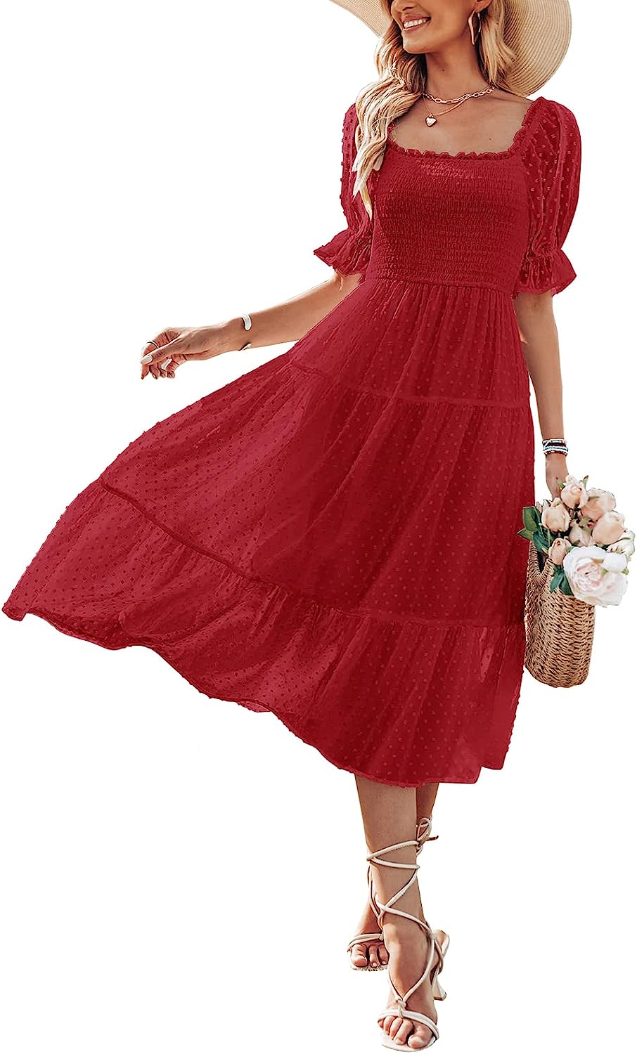 Women's Square Neck Puff Sleeve Boho Midi Dress CD436