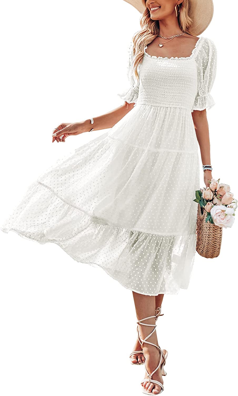 Women's Square Neck Puff Sleeve Boho Midi Dress CD436