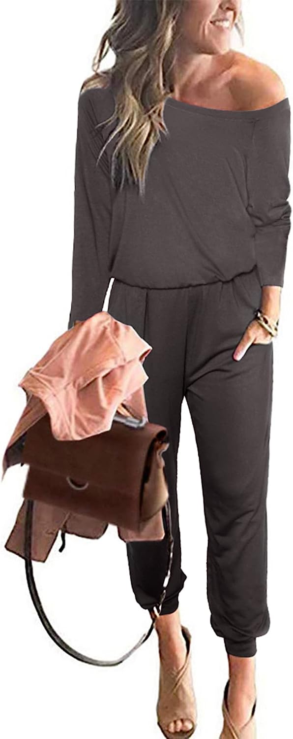 Women's Crewneck Off Shoulder Stretchy Jumpsuit CD462