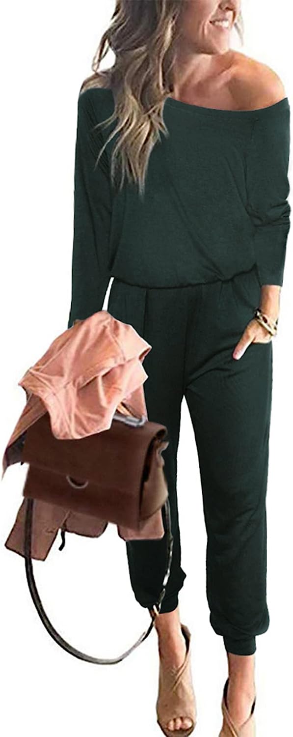 Women's Crewneck Off Shoulder Stretchy Jumpsuit CD462