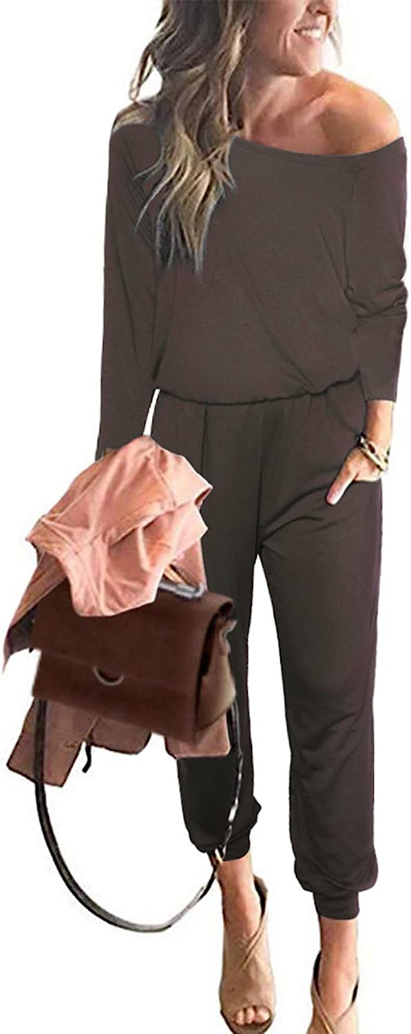 Women's Crewneck Off Shoulder Stretchy Jumpsuit CD462