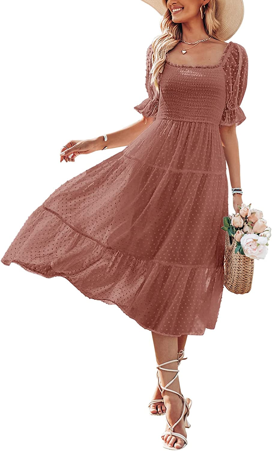 Women's Square Neck Puff Sleeve Boho Midi Dress CD436