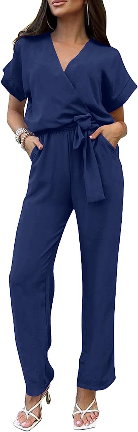 Women's Wrap V Neck Belted Wide Leg Pants Jumpsuit CD467