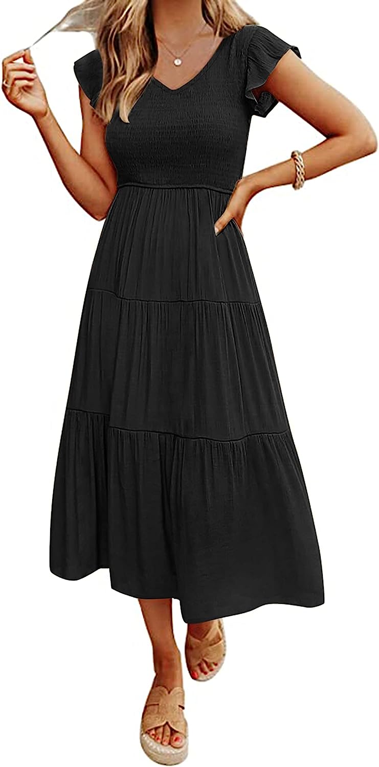 Women's Flutter Sleeve Smocked Midi Dress with Pockets CD442