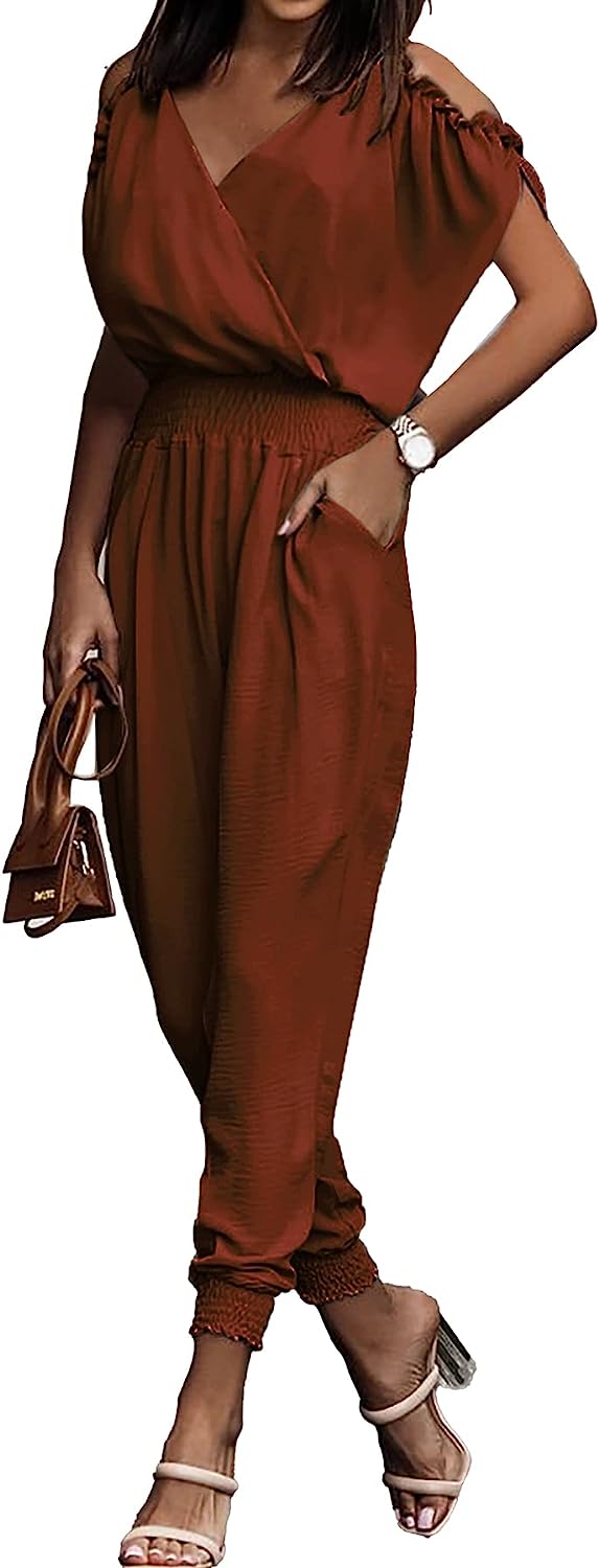 Wrap V Neck Cold Shoulder One Piece Jumpsuit CD476