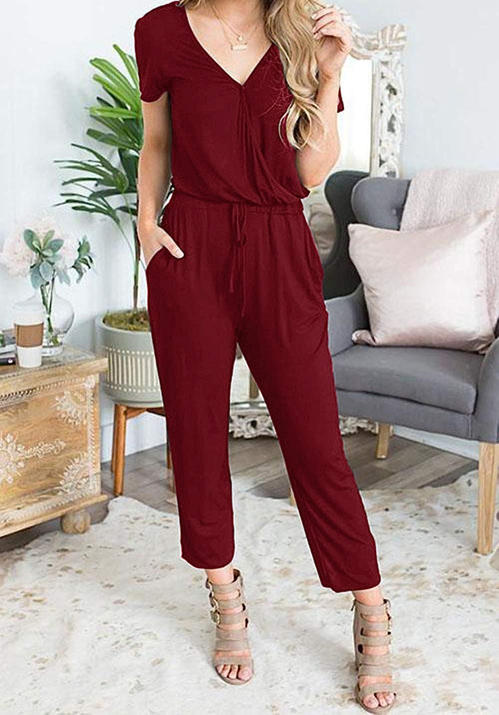 Women's Deep V Neck Drawstring Waist Jumpsuit CD496