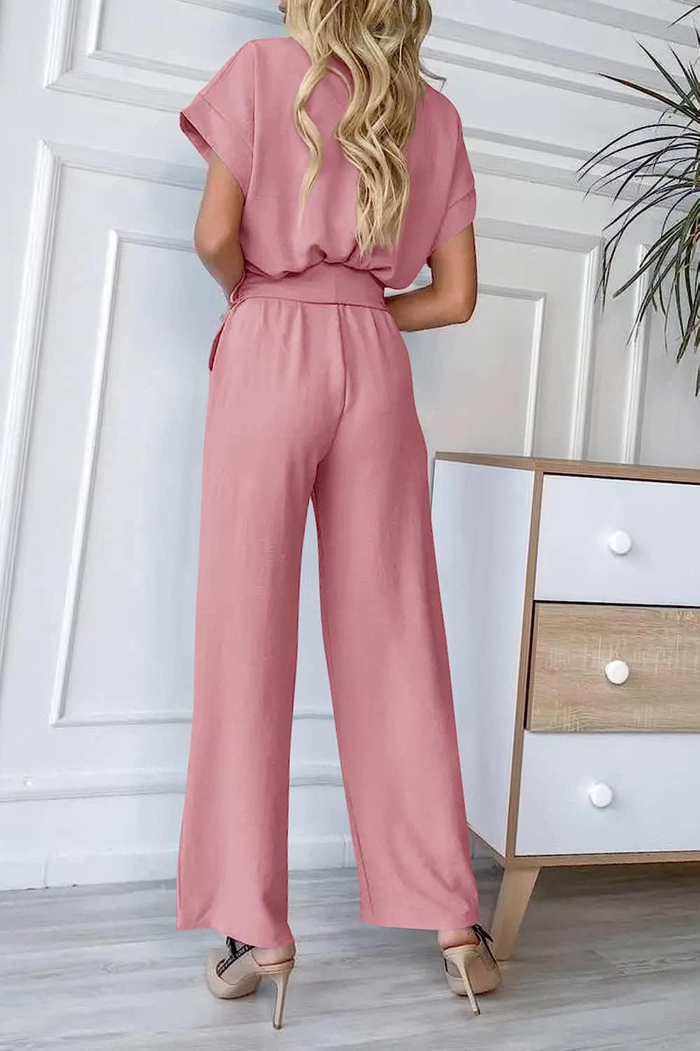 Women's Wrap V Neck Belted Wide Leg Pants Jumpsuit CD467