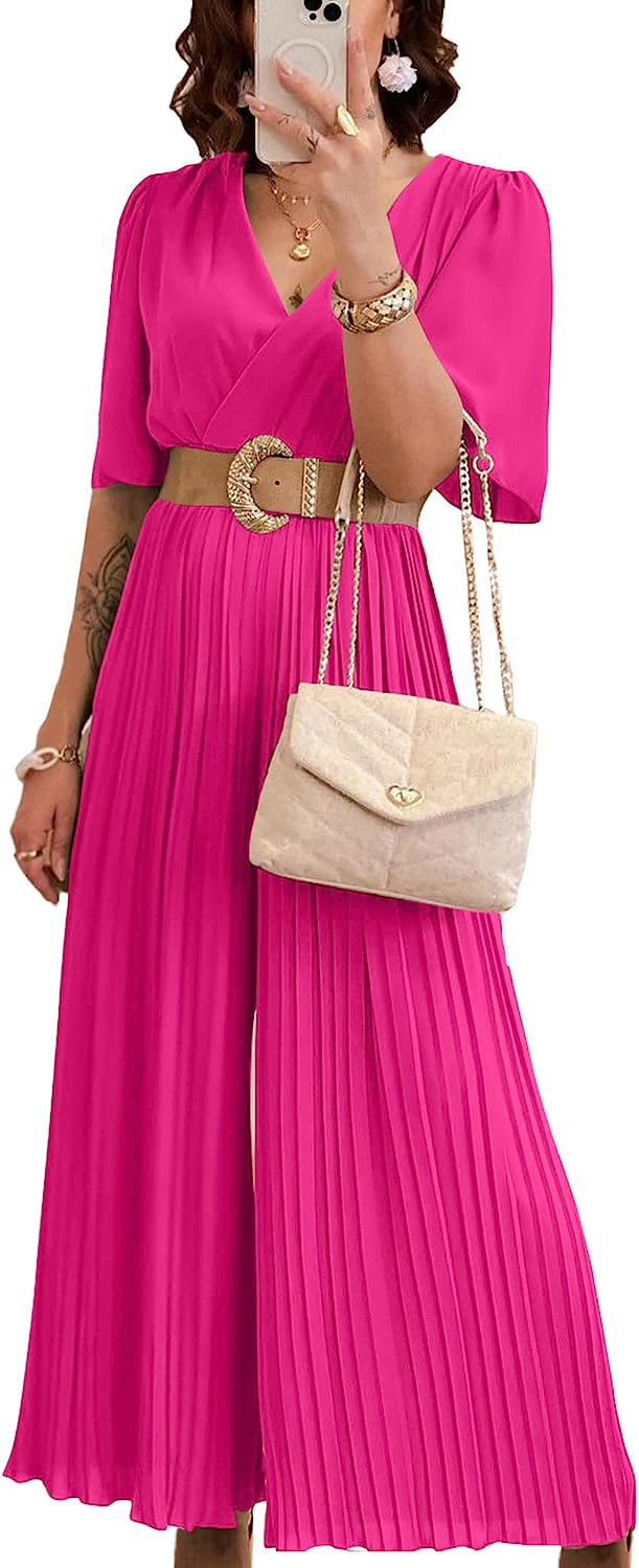Women's Wrap Ruffle Sleeve Wide Leg One Piece Jumpsuit CD472