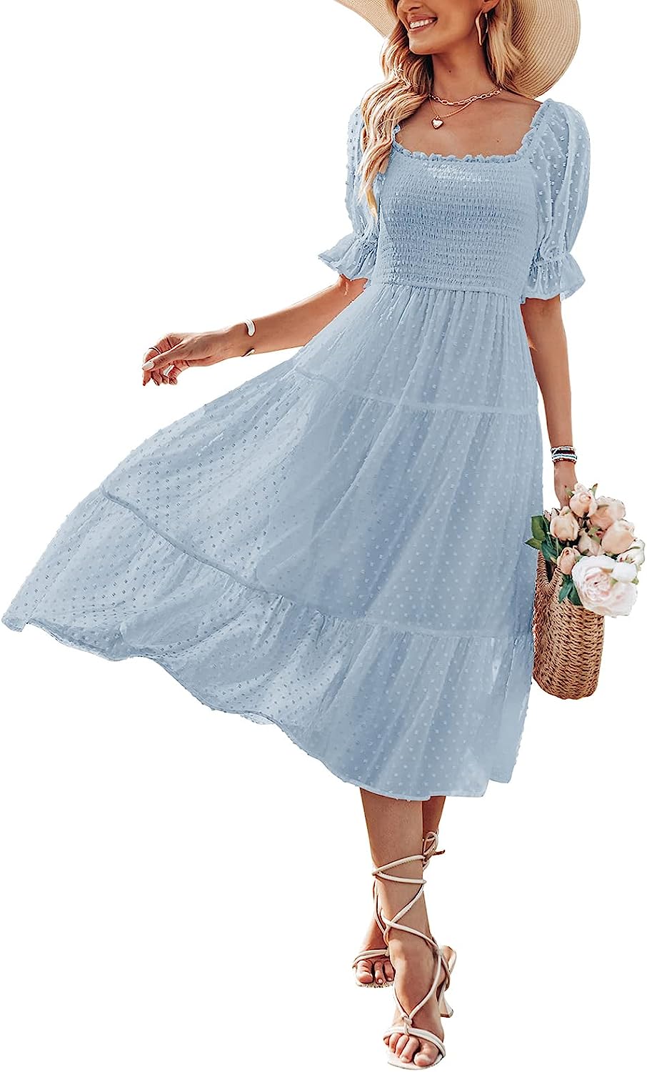 Women's Square Neck Puff Sleeve Boho Midi Dress CD436