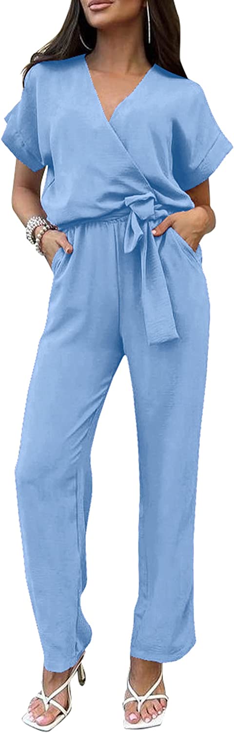 Women's Wrap V Neck Belted Wide Leg Pants Jumpsuit CD467
