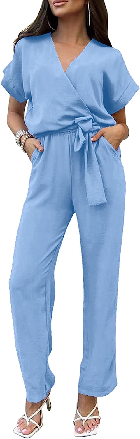 Women's Short Sleeve Belted Wide Leg Pants Jumpsuit CD468